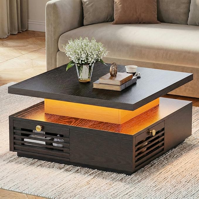 IRONCK Coffee Table with LED Light and Charging Station, 4 Storage Drawers with Grille Design, Square Coffee Table for Living Room Office Reception Room (Black)