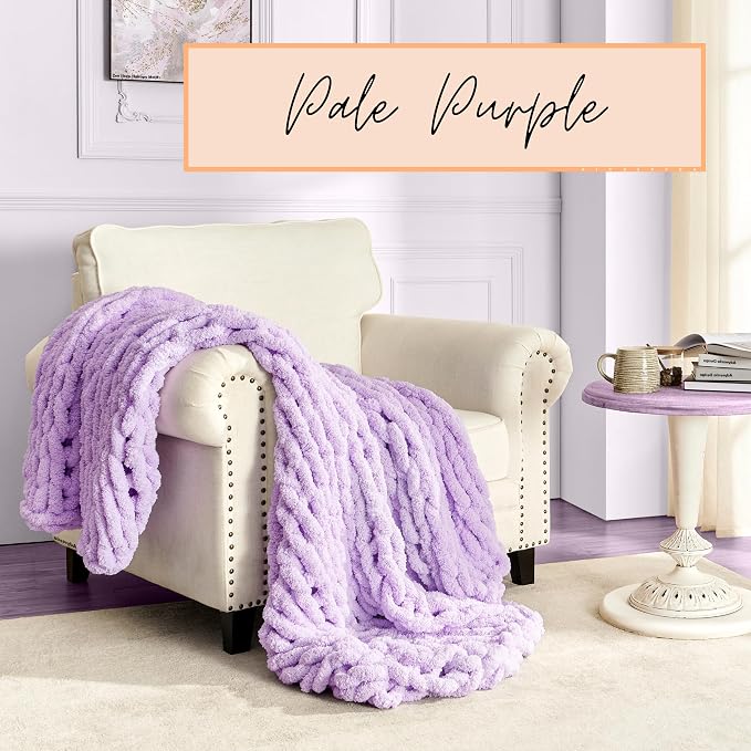 Adyrescia Chunky Knit Blanket Throw | 100% Hand Knit with Jumbo Chenille Yarn (50"x60", Pale Purple)