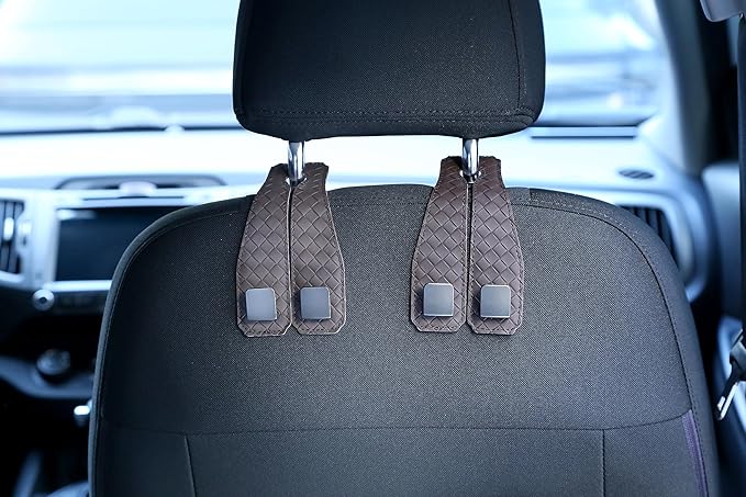 2 Pack Car Seat Headrest Hooks, Nappa Leather Car Back Seat Hangers for Purses and Bags, Woven Design with Double Dual Zinc Alloy Hooks for Car Organization and Storage (Dark Taupe)
