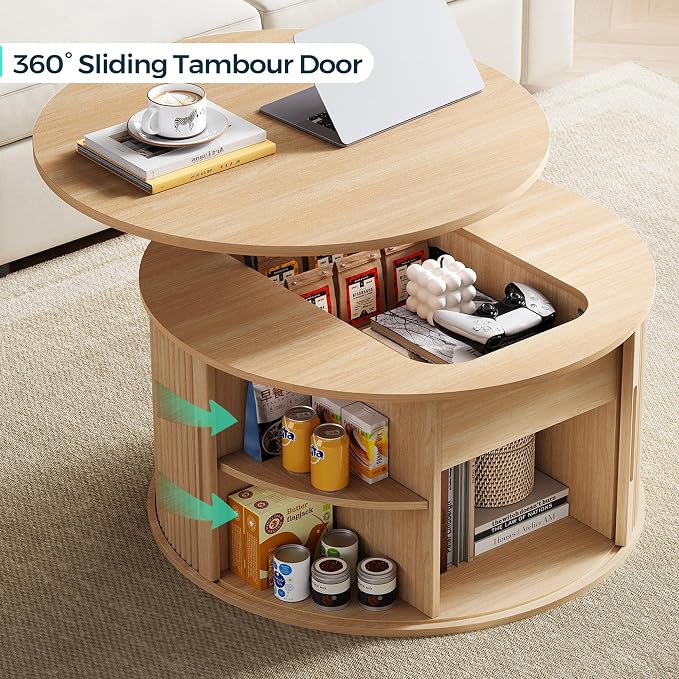 LINSY Lift Top Coffee Table, Round Fluted Coffee Table with Storage, Boho Wooden Coffee Tables with Sliding Tambour Door, 31.5" Center Table for Living Room, Office, Small Space, Natural Oak