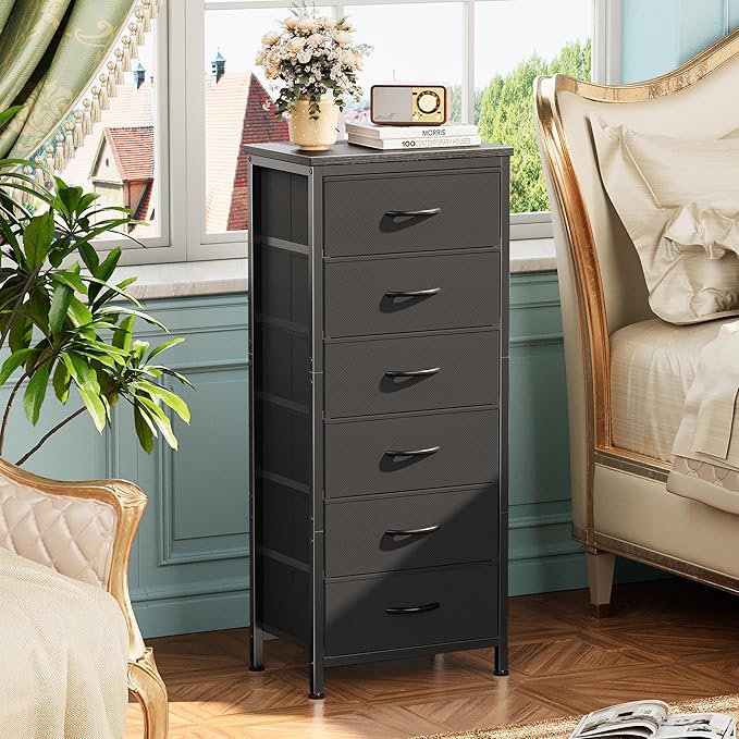 Huuger Tall Dresser for Bedroom, Stable 6 Drawer Dresser with Anti-Tip Device, PU Leather & Fabric Drawers, Tall Nightstand for Closet, Nursery, Storage Tower for College Dorm High Beds, Black