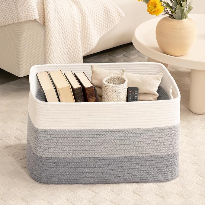 86L Extra Large Laundry Basket with Leather Handles for Living Room Storage, Woven Rope Baskets for Blanket, Kids Toy, Gifts, Wicker Hamper for Bedroom Dirty Clothes, 24"x16"x14" Gradient Grey