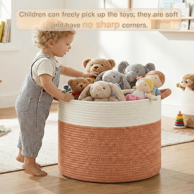 Artfeel 100L Large Cotton Rope Basket, Decorative Woven Blanket Storage for Living Room, Boho Toy Storage & Toy Box for Kids, Versatile Laundry Basket & Nursery Hamper for Blankets(Orange)