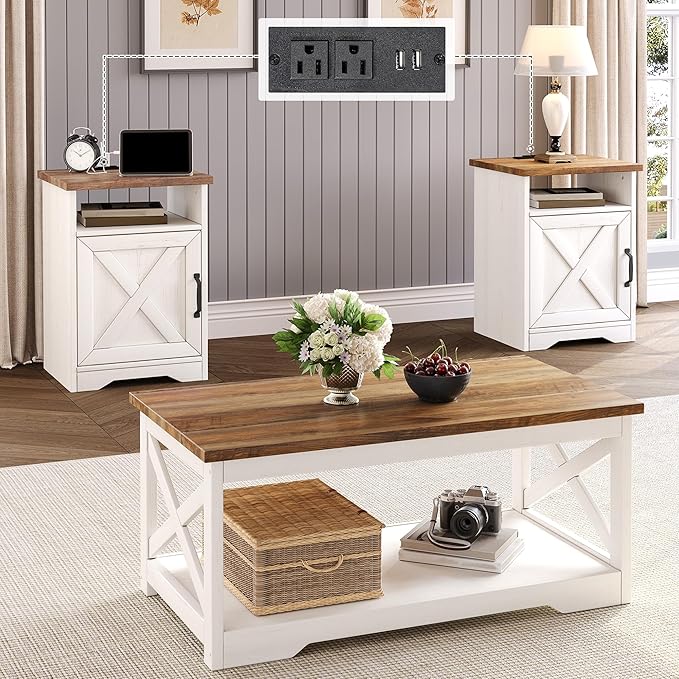 3-Piece Farmhouse Living Room Table Sets, Includes 1 x Coffee Table, 2 x End Tables with Charging Station & USB Ports, Rustic Coffee Table Set of 3, Distressed White