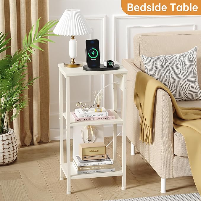 Tall End Table with Charging Station, 3 Tier Narrow Tall Nightstand with Storage, Slim Side Table for Bedroom, Living Room, Nursery, Office, Cream White