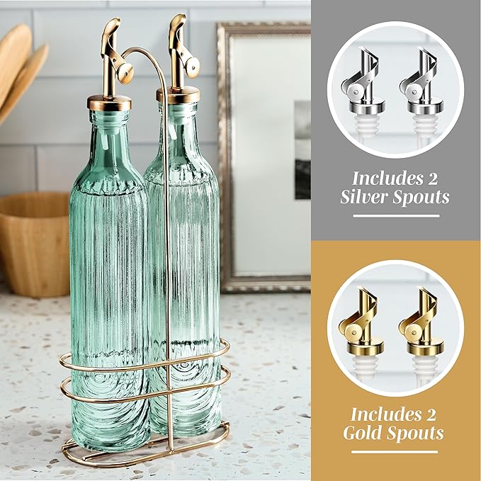 COOK WITH COLOR Glass Olive Oil Bottle Dispenser - 2 Pack- 17oz Oil and Vinegar Cruet - Olive Oil Carafe Decanter for Kitchen, Elegant Fluted, Green