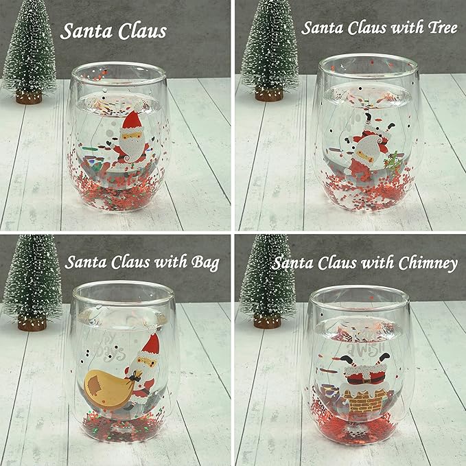 Christmas Mugs, 8 oz Double Wall Insulated Glass Coffee Mugs Set of 4, Cute Funny Mugs Coffee Cups for Cappuccino, Latte, Americano, Tea, Wine and Beverage