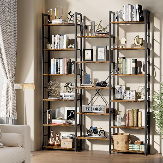 Shintenchi Triple Column 6 Tier Bookshelf, Industrial Large Bookcase Display Shelves, Large Etagere Bookshelf,Wide Book Shelf Book Case for Home & Office, Rustic Brown