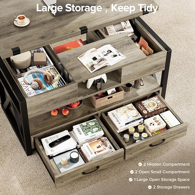 Memobarco 40" Lift Top Coffee Table,4 in 1 Multi-Function Lift Coffee Tables with Storage Drawers and Hidden Compartmen,Farmhouse Coffee Table with Lifting top for Living Room,Grey