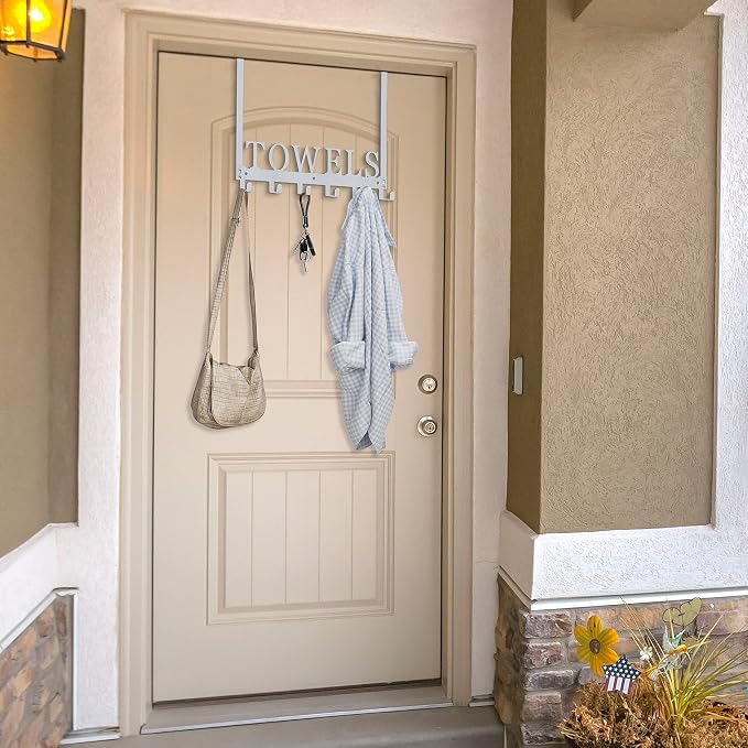 Over The Door Hooks, Towel Rack for Bathroom, Door Mount Towel Hooks Bath Towel Hanger for Bedroom Kitchen Pool Beach Towels Bathrobe Wall Mount Towel Holder for Bathrooms (6 Hooks, Silver Grey)