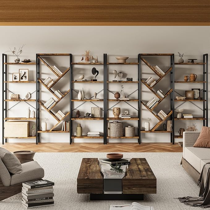 INNOD 70x70 Triple 5 Tier Book Shelf, Large Wooden Bookcase with 17 Open Display Shelf, Modern Tree Bookshelf Metal Frame Tall Book Case Furniture for Living Room Bedroom Home Office Rustic Brown
