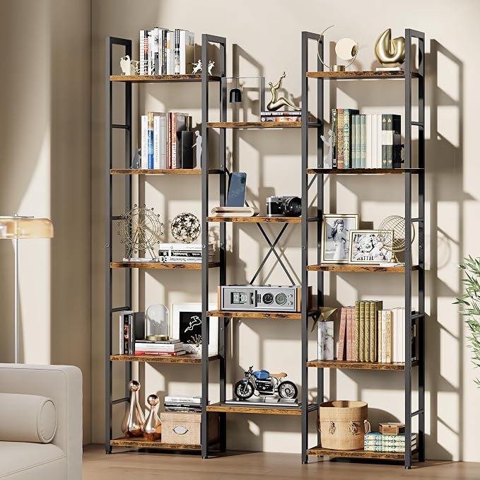 Shintenchi Triple Column 5 Tier Bookshelf, Industrial Large Bookcase Display Shelves, Large Etagere Bookshelf,Wide Book Shelf Book Case for Home & Office, Rustic Brown