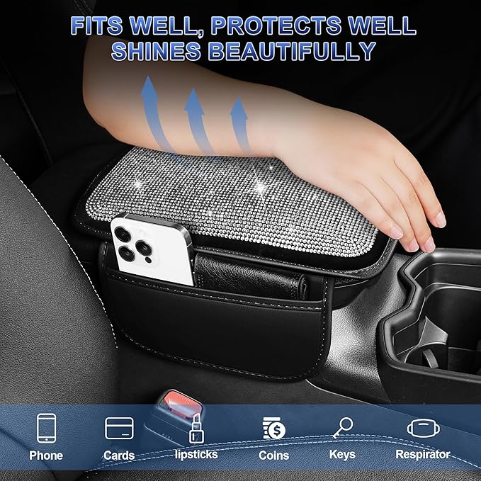 Bling Diamond Car Center Console Cover Custom Fit for Subaru Solterra Leather Car Armrest Cover Cushion with 2 Storage Pockets