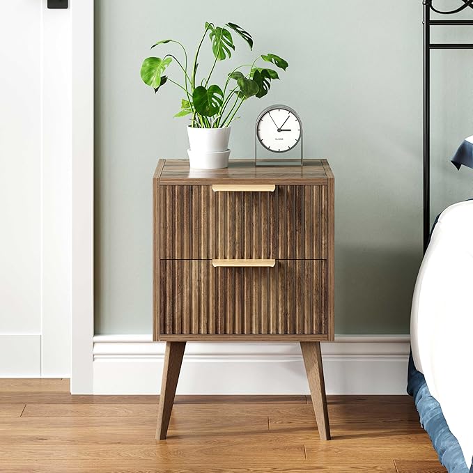 Mid Century Modern Nightstand,Small Bedside Table with 2 Drawers,Fluted Side Table,Walnut Brown End Table for Living Room,Bedroom,Small Space,Caramel Oak 11.8" D x 16" W x 22.4" H CTG55BR