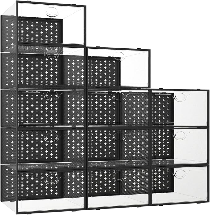 Pinkpum 12 Pcs XLarge Shoe & Sneaker Storage Organizer Box Clear Plastic Stackable Closet Black