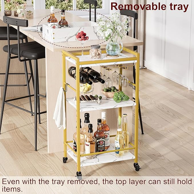 3-Tier Gold Bar Cart with Removable Tray, Small Bar Carts with Wheels, Rolling Beverage Cart, Drink Cart, Gold Wine Cart with Wine Rack for Kitchen, Living Room GBC513G
