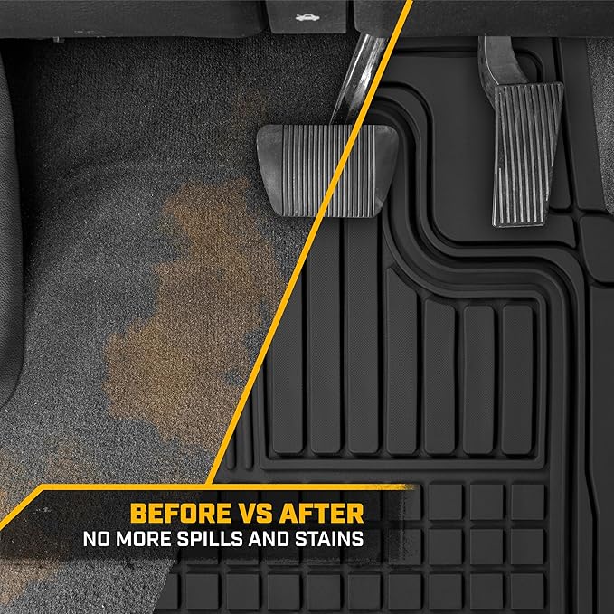 CAT® Large Heavy Duty Rubber Floor Mat & Cargo Trunk Liner for Car, SUV, Van, Sedan, Truck – Trim-to-Fit, All-Weather Deep Dish Ridges for Dirt Protection, Front and Rear Mats Black