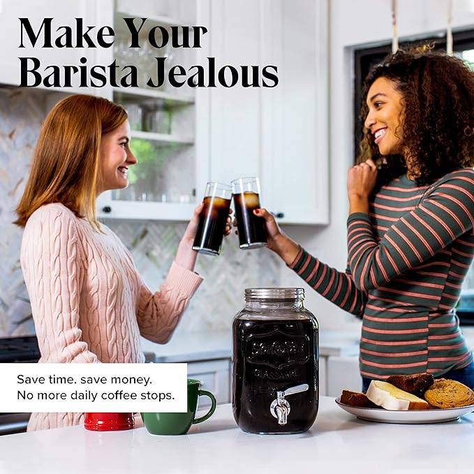 Willow & Everett Cold Brew Coffee & Iced-Tea Maker Pitcher, 1 Gal Glass Dispenser w/Metal Spigot & Mesh Filter Iced Coffee & Sun Tea Brewing System
