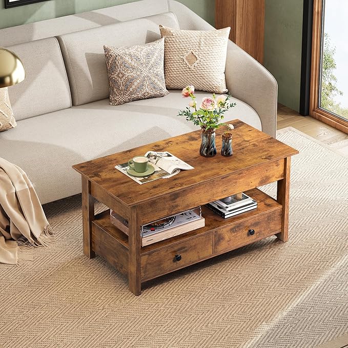 WLIVE Coffee Table, Lift Top Coffee Table with 2 Drawers, Large Storage and Open Shelf, Lift Tabletop for Living Room, Rustic Brown
