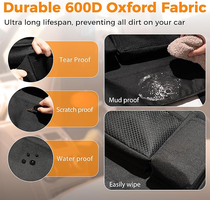 Backseat Car Organizer with Tray, 9 Storage Pockets Back Seat Protector with Foldable Tablet Holder, Waterproof Back of Seat Kick Mats for Kids Adult, Road Trip Essentials Travel 2 Pack, Black