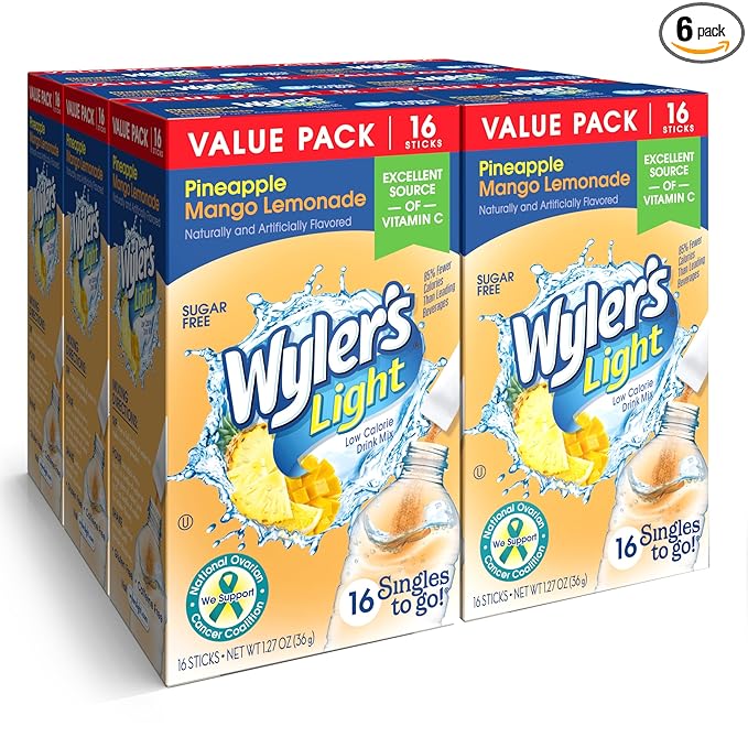 Wyler's Light Singles To Go Powder Packets, Water Drink Mix, 16 Count, 6 Boxes (96 Single Servings) (Pineapple Mango Lemonade)