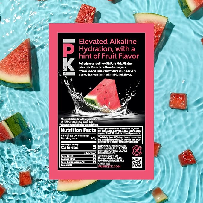 Pure Kick Alkaline pH 8.5 or Higher Watermelon Powdered Drink Mix Packets, Unsweetened with a Hint of Flavor -, 72 Total Packets (12 Boxes, 6 Each), Singles to Go!