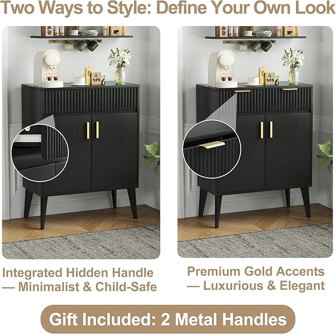 Sideboard Storage Cabinet with 2 Drawers & 2 Doors, Fluted Kitchen Buffet Cabinet with Adjustable Shelves, Coffee Bar Station for Living Room, Entryway, 13.8 x 27.6 x 35.6 Inches, Black