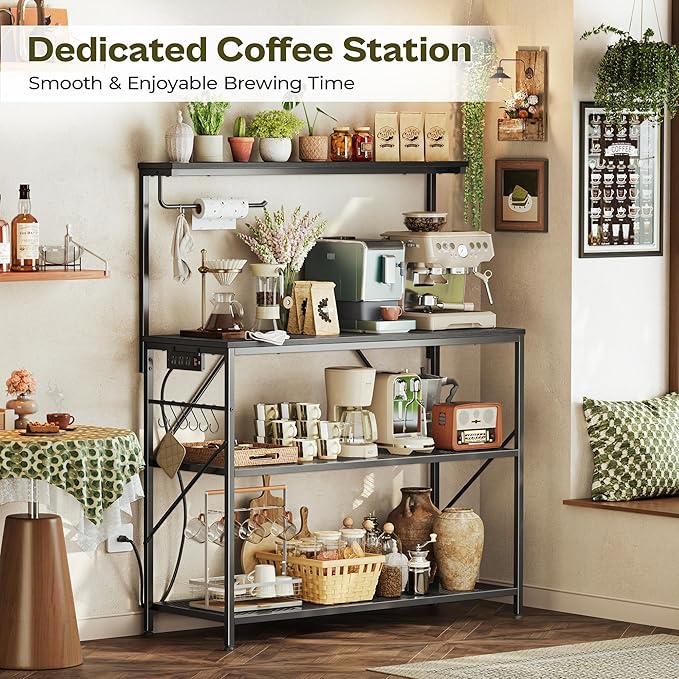 Huuger 4-Tier Bakers Rack with Reversible Power Outlet, 39.4 Inch Microwave Stand, Kitchen Coffee Bar, with Top Shelf, 6 S Hooks, Black