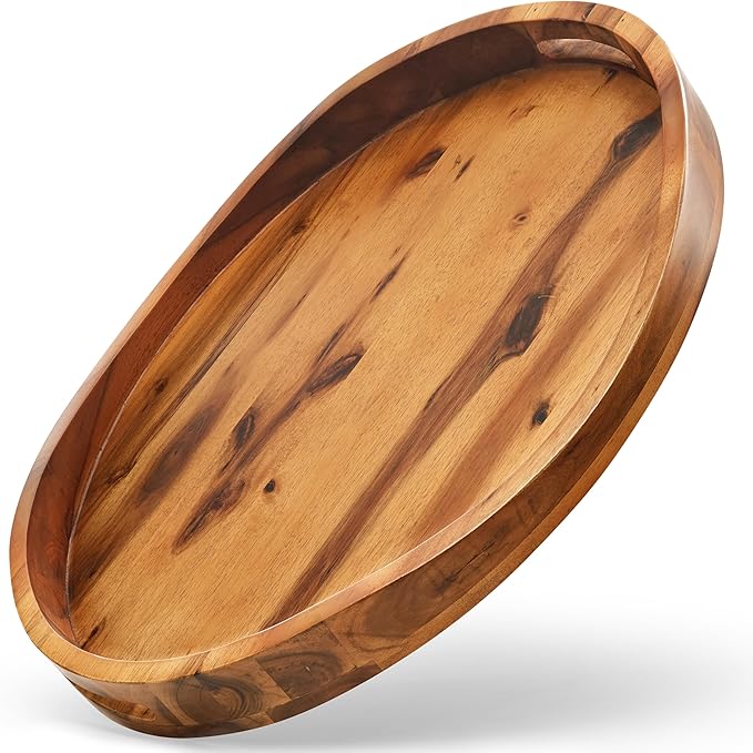 Acacia Oval Wooden Serving Tray with Handless - 16.5" x 13" Ottoman Table Oval Wooden Tray - Round Serving Tray - Ottoman Tray for Living Room, Coffee Table Decor, Serving Platter (Acacia)
