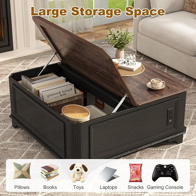 40 Inch Farmhouse Lift Top Coffee Table with Charging Station & Hidden Storage - Square Center Table with Adjustable Lifting Top, Large Storage Cabinet for Living Room, Bedroom, Home Office, Black