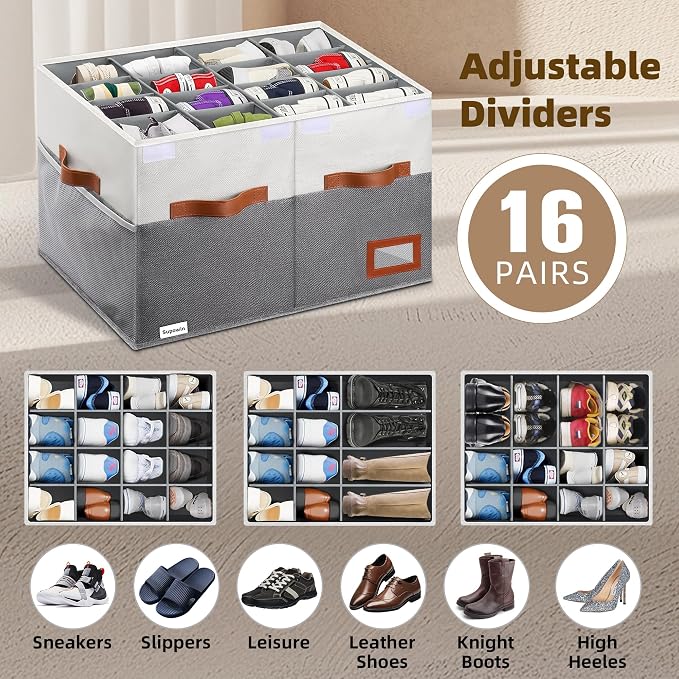 Supowin Shoe Organizer for Closet, Foldable Shoe Storage Bins with Lid & Adjustable Dividers, Fabric Shoe Box Storage Containers with Four Reinforced Handles, Fits 16 Pairs, 1 Pack, Grey