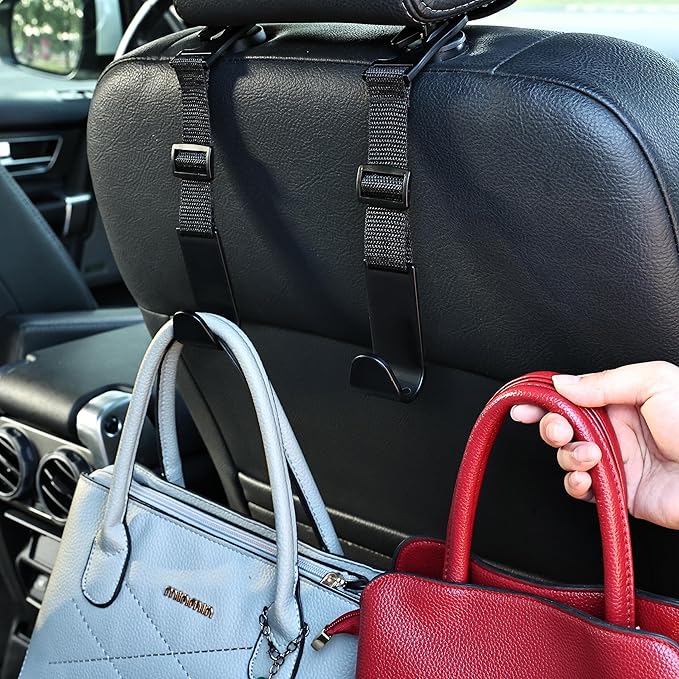 Amooca Headrest Hooks for Car Adjustable 4 Pack Vehicle Seat Back Organizer Storage Hanger Holder for Purse Bags Universal Fit Black