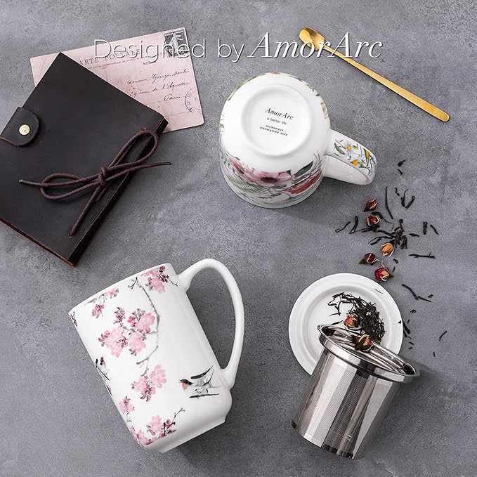 AmorArc Porcelain Tea Mug with Infuser and Lids, 18 Oz Coffee Cup Strainer with Bag Holder for Loose Leaf Tea, Steeping Coffee Mug for House-warming Wedding Birthday Gift
