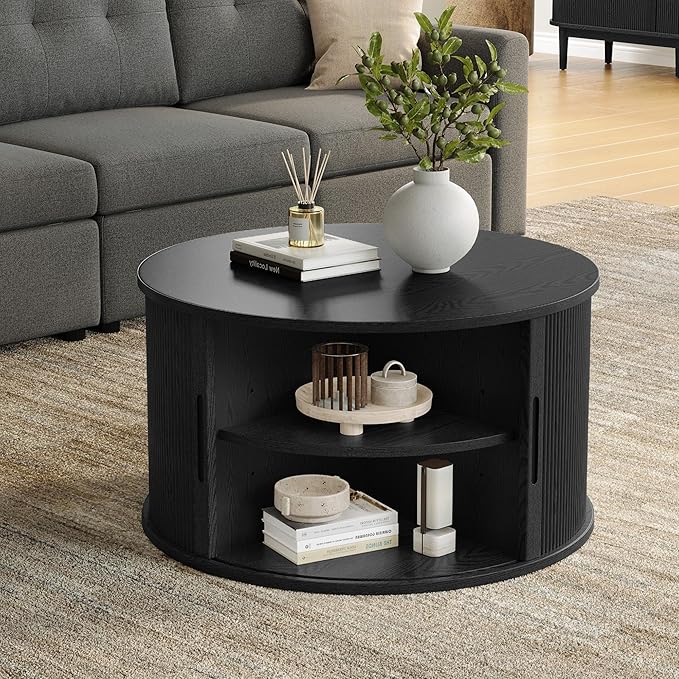 LINSY HOME Round Coffee Table, 31.5" Drum Coffee Table with Sliding Tambour Door, Fluted Accent Center Table with Storage, Mid Century Modern Coffee Table for Living Room (Black)