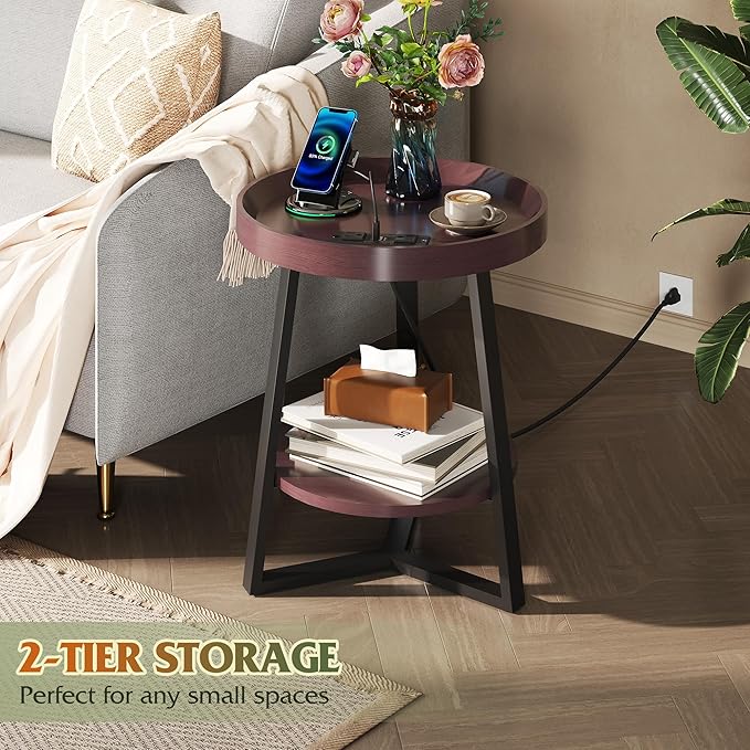 WLIVE Round End Table with Charging Station, Small Round Coffee Table, 2 Tier Side Table for Living Room/Bedroom, Sofa Couch, Wood Tabletop & Metal Frame, Brown