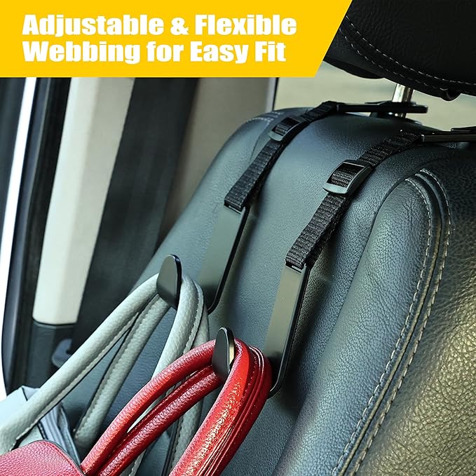 Amooca Headrest Hooks for Car Adjustable 4 Pack Vehicle Seat Back Organizer Storage Hanger Holder for Purse Bags Universal Fit Black