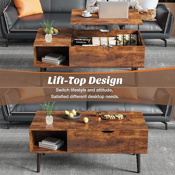 Sweetcrispy Lift Top Coffee Tables for Living Room, Small Rising Wooden Center Tables with Storage Shelf and Hidden Compartment, Brown | Lift Top, Coffee Tables, for Living Room, Rising, Dining Center Tables, with Storage Shelf
