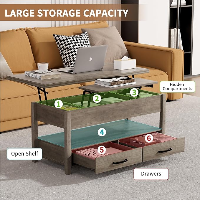 42'' Lift Top Coffee Table with LED, 4-in-1 Multifunctional Coffee Table with Drawers and Hidden Compartments, Converts to Dining Table for Living Room, Reception Room, Grey