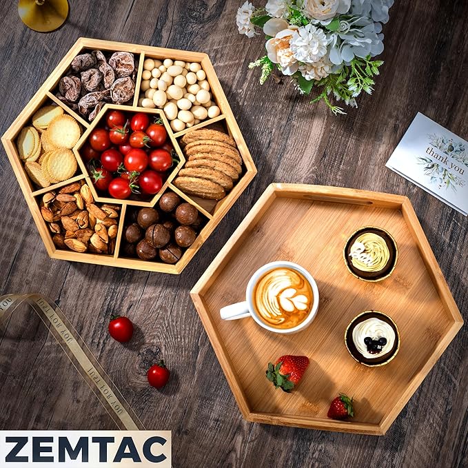 Snack Tray with Lid That Doubles as a Serving Tray – 13"x11" Bamboo Wooden Dry Fruit Tray for Nuts & Candy, Decorative Trays for Home Decor, Coffee Table or Ottoman Use (Bamboo, 13"x11")