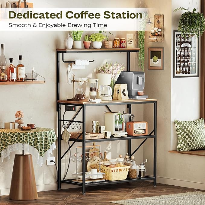 Huuger 4-Tier Bakers Rack with Reversible Power Outlet, 31.5 Inch Microwave Stand, Kitchen Coffee Bar, with Top Shelf, 6 S Hooks, Rustic Brown