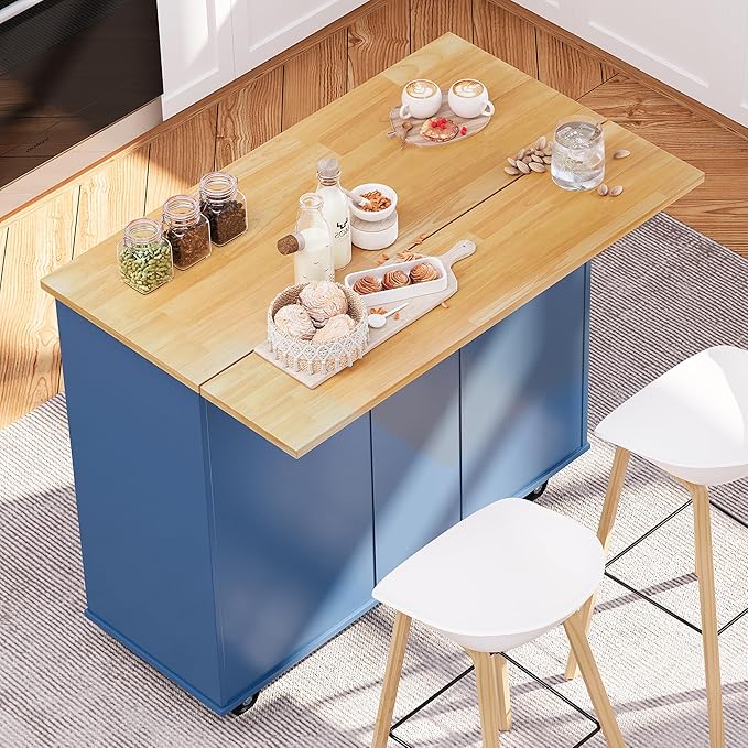 SUNLEI Kitchen Island on Wheels with Storage Cabinet & Foldable Drop Leaf, Rolling Kitchen Table, Cart Handle for Towel Rack, Drop Leaf, Portable Islands for Kitchen (Classic Blue, 39.7-INCH)