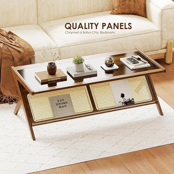 Bamworld Rattan Coffee Table with Glass Top Mid-Century Modern Center Table with Storage for Living Room Table Brown