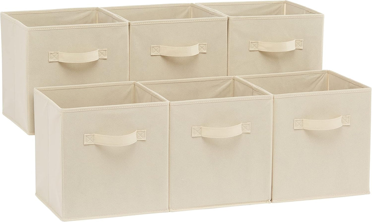 Collapsible Fabric Storage Cubes Organizer with Handles, Sturdy, Beige, 10.5-x-10.5-x-11-inch, Pack of 6