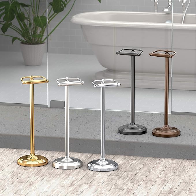 Home Accents Toilet Paper Holder Stand, Brass Finish, Freestanding Bathroom Floor Stand, Weighted Base, 22 Inch