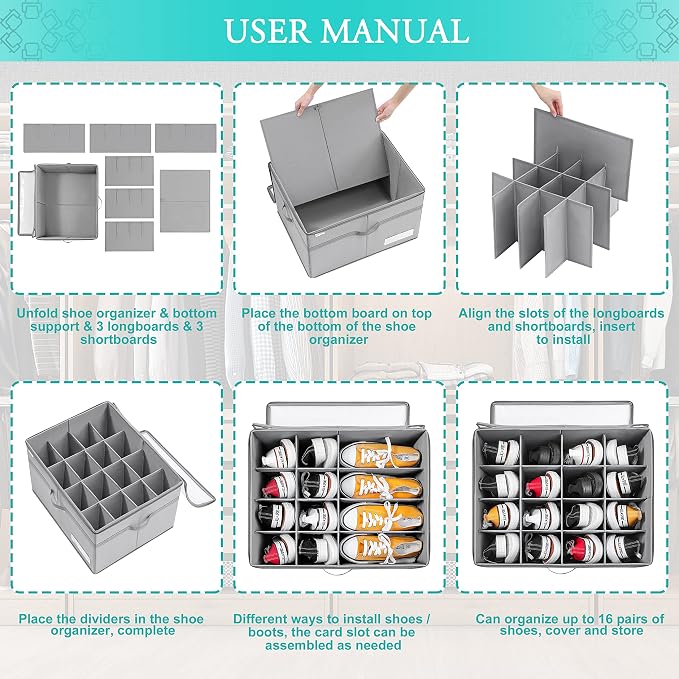 LUVHOMEE Shoe Organizer for Closet, Fits 16 Pairs, Large Shoe Box Storage Containers, Clear Foldable Shoe Storage Bins w/Bottom Support, Space Saving Shoes Holder w/Reinforced Handles, Gray