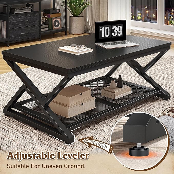 EnHomee Black Coffee Table with Storage, Modern Coffee Tables with Mesh Shelf, 2 Tier Minimalist Industrial Center Table for Living Room, Office, 39.4 Inch, Black Oak