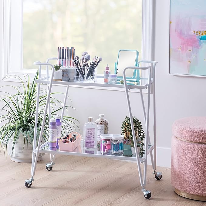 Gina White Mid-Century Bar Cart with Mirrored Shelves and Locking Wheels by Linon