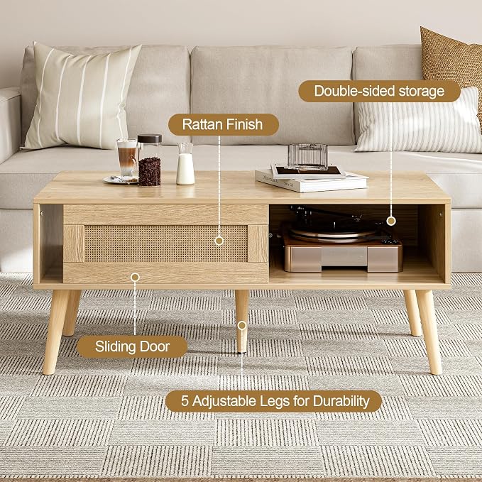ZttRiee Wood Coffee Table with Storage, Boho Dining Table with Sliding Rattan Door Panel and Solid Wood Legs, Small Coffee Tables for Living Room, Oak (Oak_LSJ008)