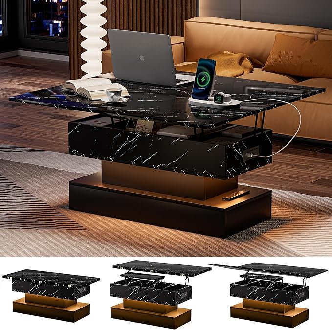 39.4" Lift Top Coffee Table with Charging Station, 4-in-1 Multifunctional Coffee Table with Storage & Hidden Compartments, High-Glossy Marbling Print LED Center Table for Living Room, Black