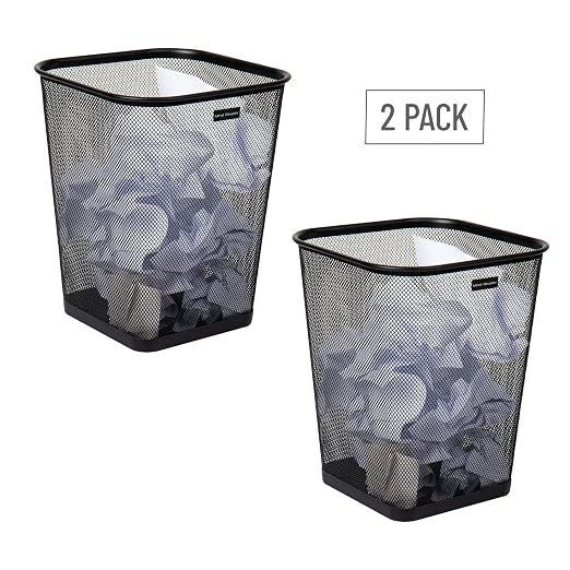 Mind Reader Mesh Trash Can, Waste Paper Basket, Square, Office, Metal Mesh, 9.75"L x 9.75"W x 12.25"H, Set of 2, Black